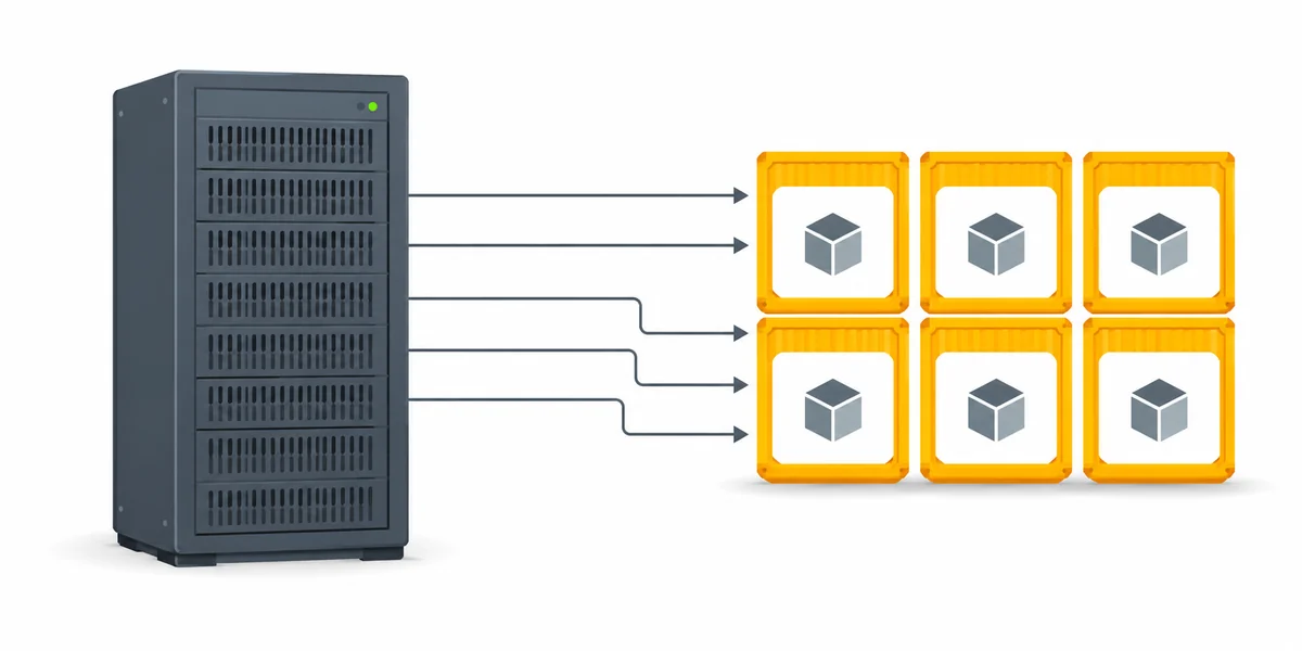 Rack mount sunucu silueti ile altı VM container kutusu 3x2 izgara konsolidasyon diyagramı