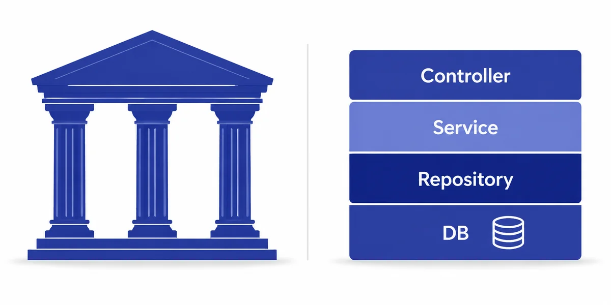 Java Spring kurumsal katmanlı mimari diyagramı Klasik kolonlu kurum binası silueti Java Spring kurumsal mimari ve katmanlı Controller Service Repository DB