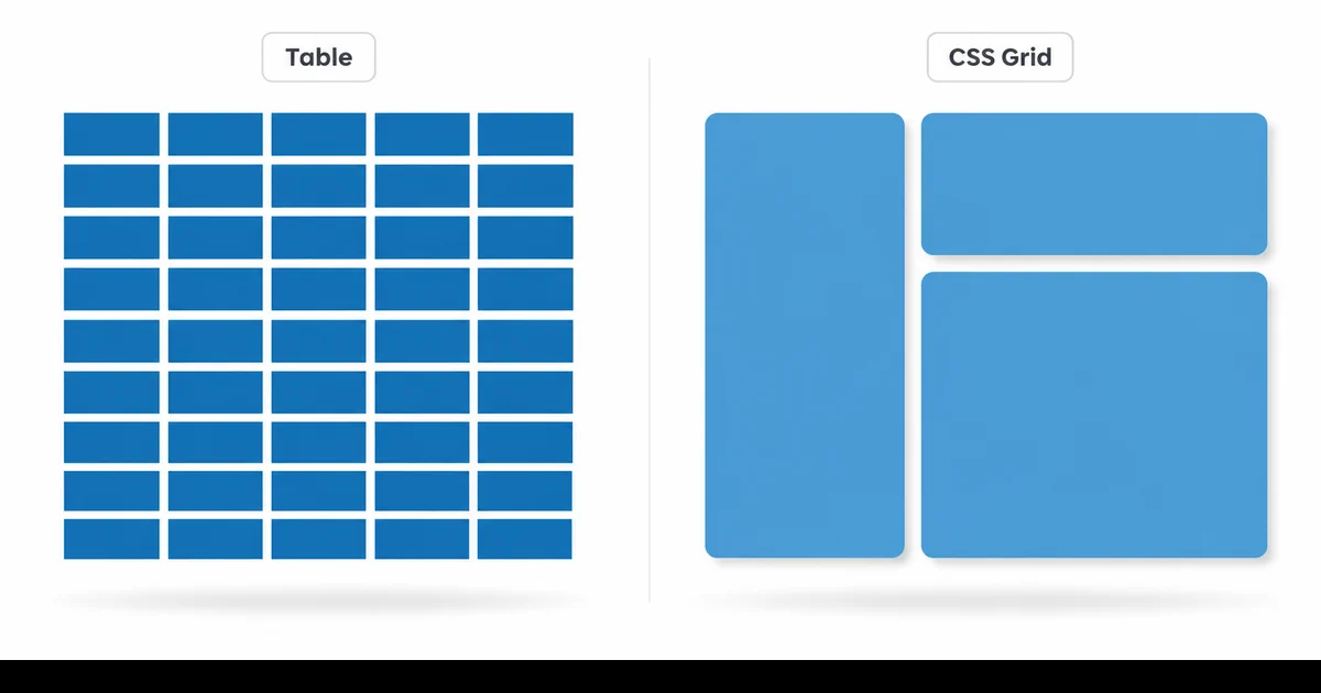 Tablo izgaradan CSS grid'e evrim karşılaştırma Tablo tabanlı eski izgara karşısında modern CSS grid panelleri evrim karşılaştırma diyagramı